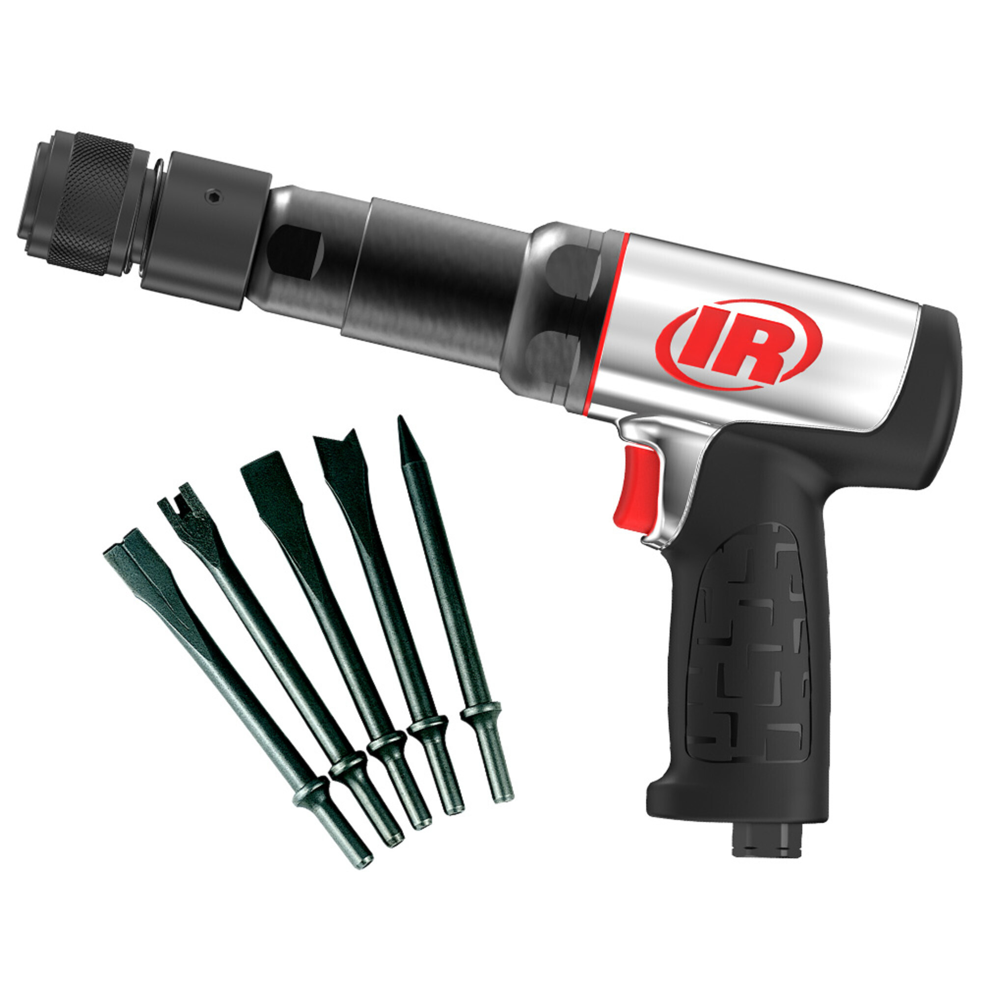 Ingersoll Rand 139MAXK Vibration Reduced Quick Change Long Barrel Air Hammer 5-Piece Chisel Set, 2600 BPM, 3.75" Stroke, Round Shank